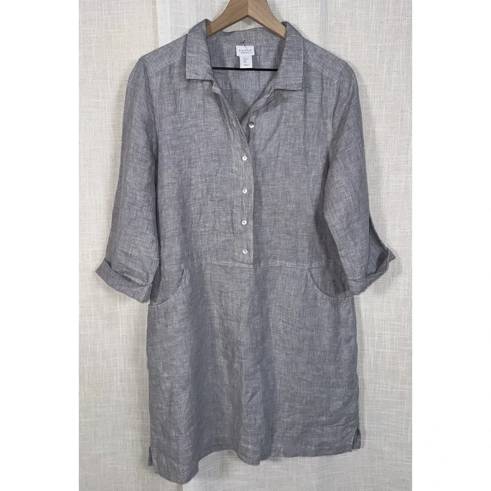 Kenar Gray 100% Linen Woven Shirt Dress Sz Large Collared MOP buttons Pockets - Picture 1 of 9